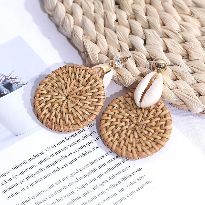 Hemasa Korean Style Fashion Handmade Natural Shell Rattan Drop Earrings For Women