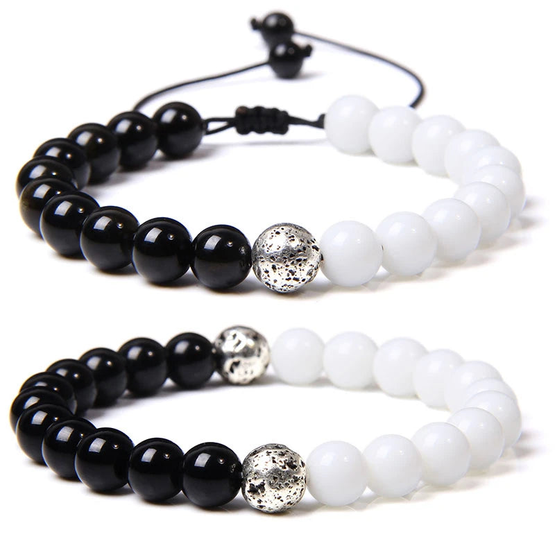 Tejesa 2pcs Men Bracelet 8mm Natual Stone Tiger Eye Beads Bracelet Round Onyx Beaded Adjustable Bracelet Jewelry Women Men