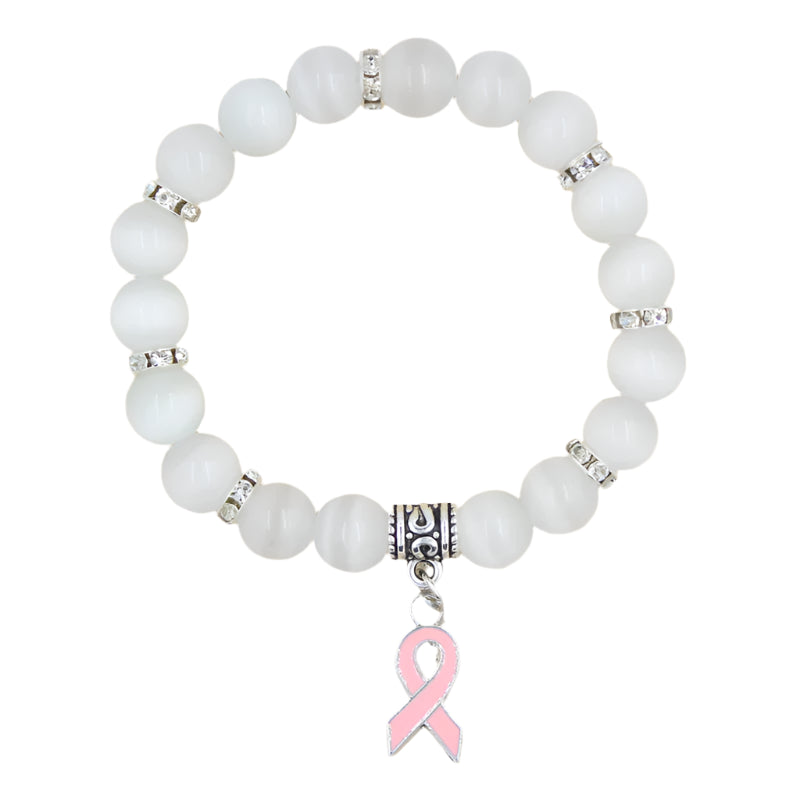 Hemasa  Breast Cancer Awareness Jewelry White/ Pink Opal Beaded Bracelet with Ribbon Charm