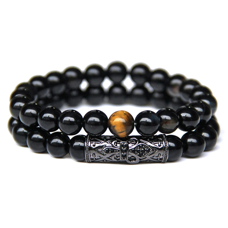 Fashion 2pcs Bead Bracelet Men Natural Tiger Eye Hematite Obsidian Beaded Bracelets Homme Energy Stretch Bracelet Men Jewelry