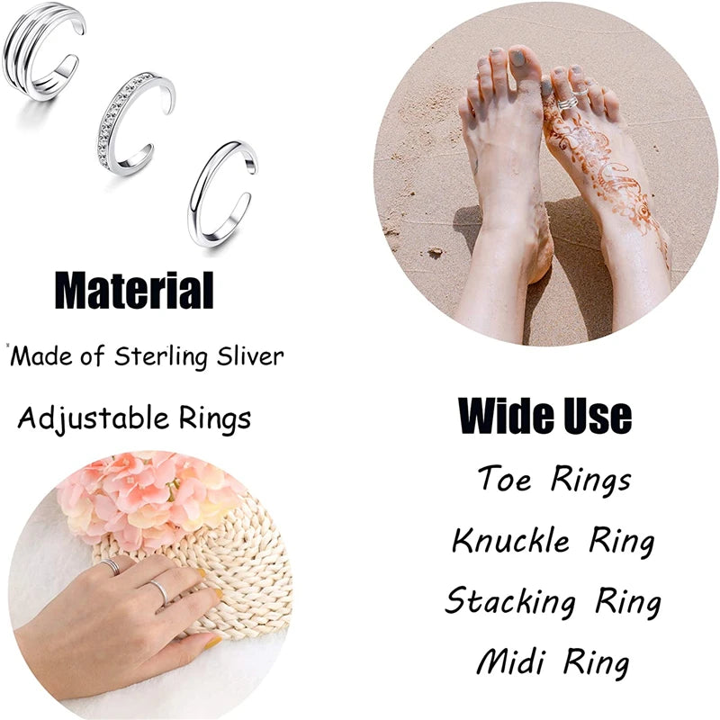 Open Toe Rings Set for Women Simple Thin CZ Tail Band Ring Adjustable Summer Beach Foot Jewelry Apply to Finger Toe