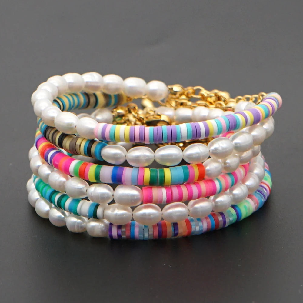 Go2Boho Women Jewelry Polymer Clay Summer Beach Freshwater Baroque Pearl Bracelet Heishi Beads Bracelets Stainless Steel Chain