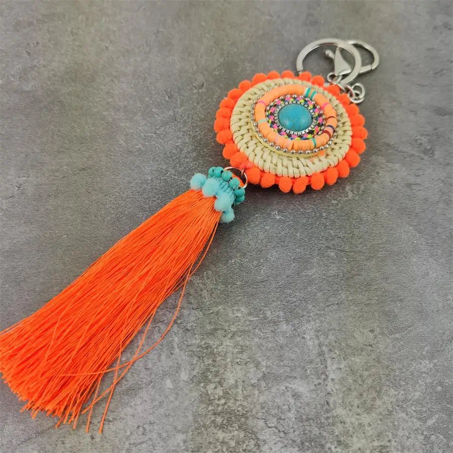 Leather Tassel With Colorful Pompons Handbag Accessorise Boho Style Keychains For Women Keyring Jewelry