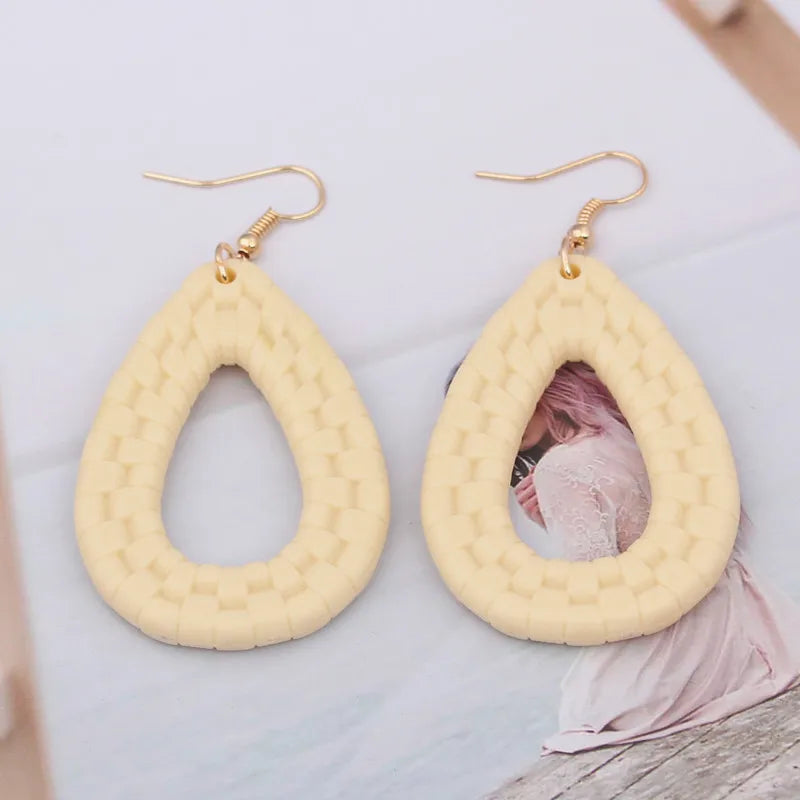 Hemasa European Fashion Water Drop Earring for Women/ Rattan Braid Black Beige Color Hollow Oval Ear rigns