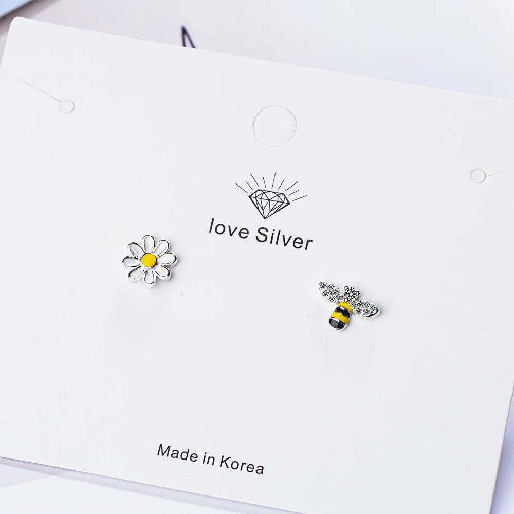 Lovely Asymmetric Bee Sun Flower Zircon Earrings For Women Girl 925 Sterling Silver Earrings boucle d'oreille S-E644