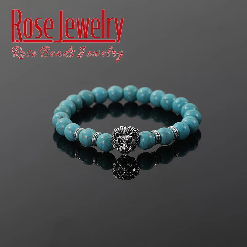 Men Bracelet Natural Stone Hematite Lava Beads Bracelet Gold Silver Color Lion Head Cown Charm Bracelet Jewelry for Women Men