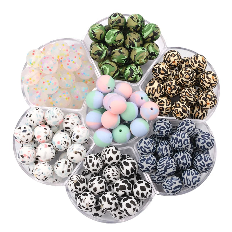 LOFCA 20pcs Tie dye leopard Terrazzo Dalmatian camo Silicone Beads Teething Beads DIY Chewable Colorful Teething For Infant Baby