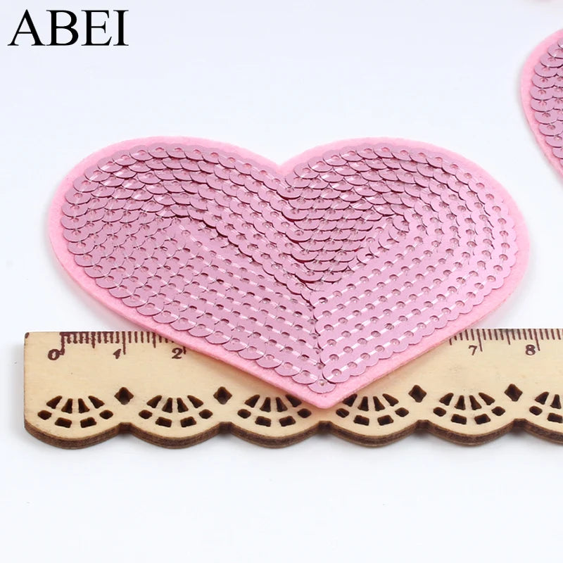 10pcs Embroiderd Big Pink Heart Patches Iron On Sequined Patch Glittle Stickers DIY Fabric Appliques