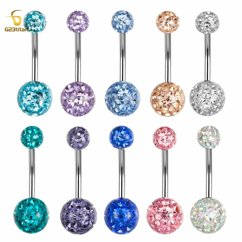 G23titan Waterproof Disco Clay Ball Belly Button Ring 6-16mm Length 14G Titanium Body Piercing Navel Bar Women Summer Jewelry