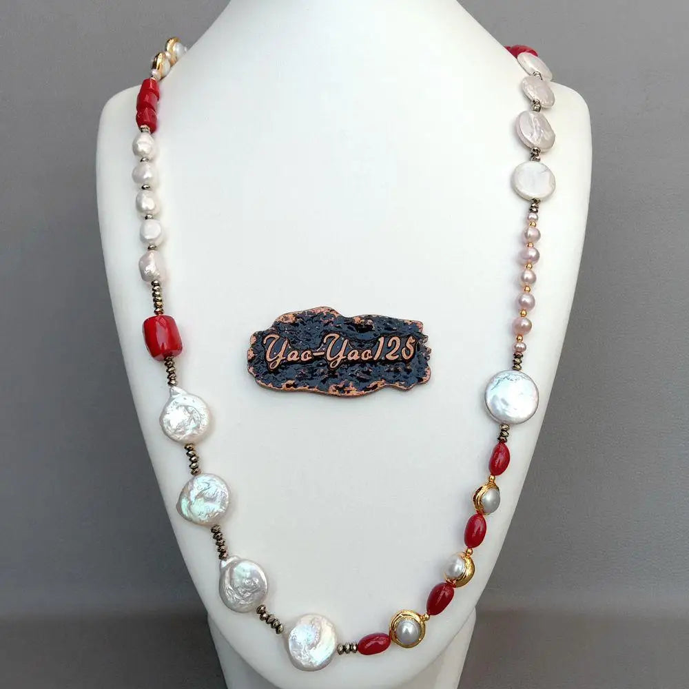 YYGEM Red Coral tube Hematite Rondelle  natural Freshwater White Baroque  Pearl Sweater chain Necklace 33'' For Women Gift