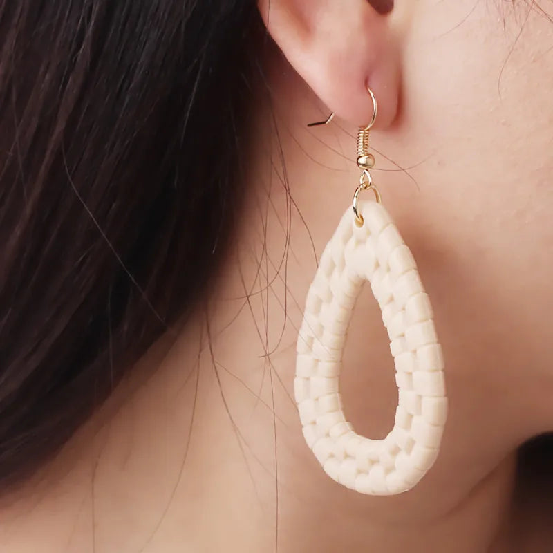 Hemasa European Fashion Water Drop Earring for Women/ Rattan Braid Black Beige Color Hollow Oval Ear rigns