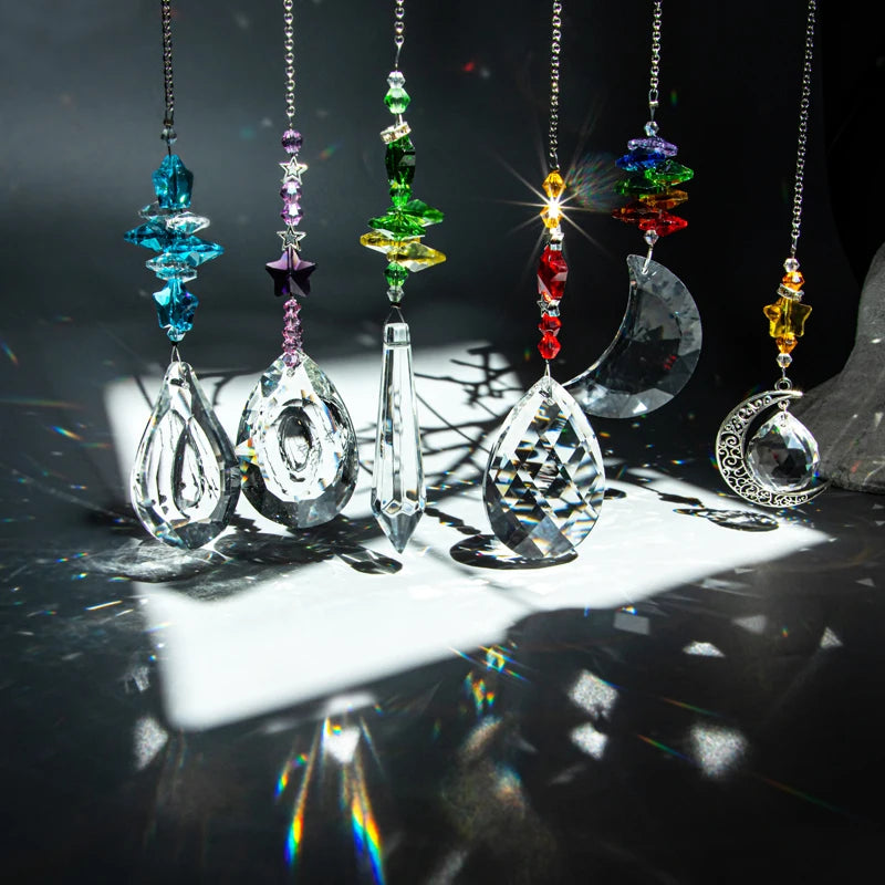H&D 6PCS Crystal Star & Moon Suncatchers Gift Rainbow Maker Glass Chandelier Prisms Hanging Light Catcher for Window Home Garden