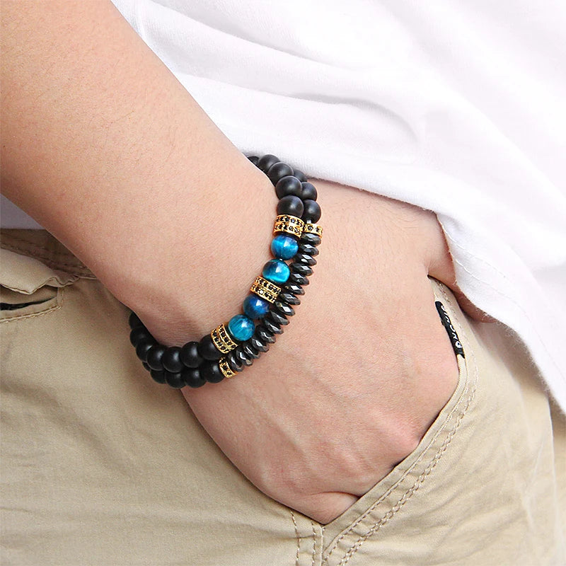 Fashion 2pcs Bead Bracelet Men Natural Tiger Eye Hematite Obsidian Beaded Bracelets Homme Energy Stretch Bracelet Men Jewelry