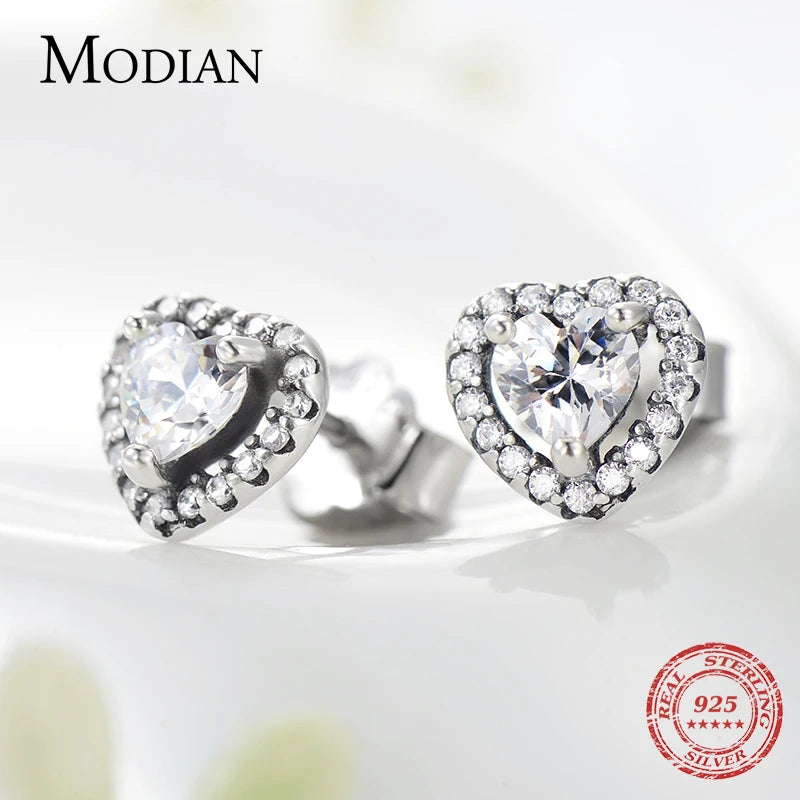 Modian Dazzling 925 Sterling Silver Clear CZ Heart Fashion Stud Earrings for Women Charm Wedding Statement Silver Fine Jewelry