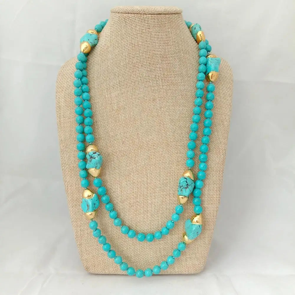 YYGEM 52'' 8MM Blue Turquoise Round Yellow Gold Plated Freeform Turquoise long sweater chain Necklace