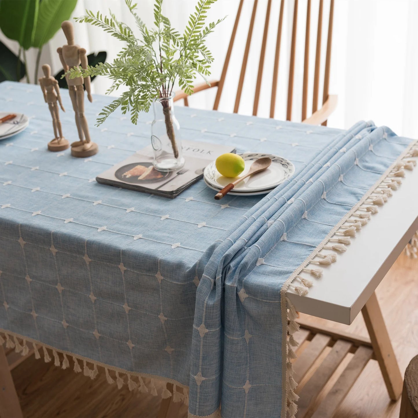 Japan Cotton Linen Tablecloth Blue Stripes Pure Plaid Embroidered Rectangular Christmas Table Cloth Thickened Cover for Banquet
