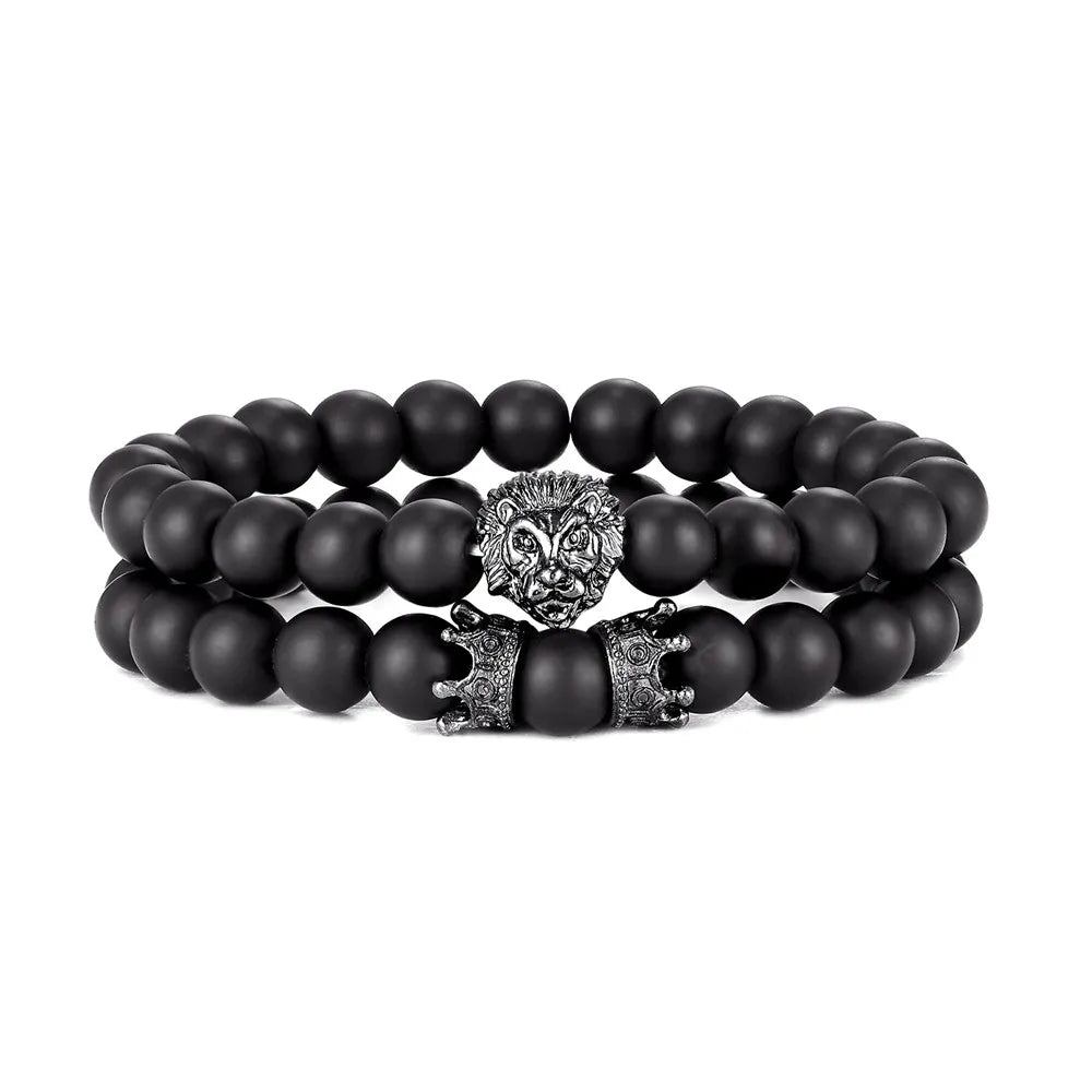 Hemasa 2 Pcs / Set Vintage Lion Head and Crown Charm Bracelet /8mm Natural Lava Stone Beads Bracelet