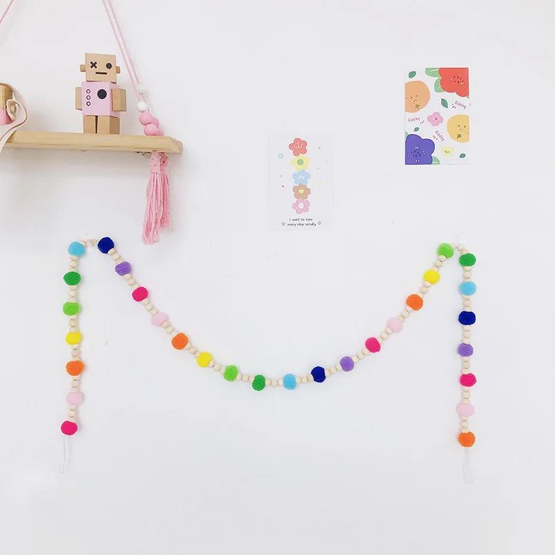 Scandinavian Wood Beads Pompom Ball Garland Wall Hanging String Ornaments Kids Girl Bedroom Nursery Room Baby Shower Decorations