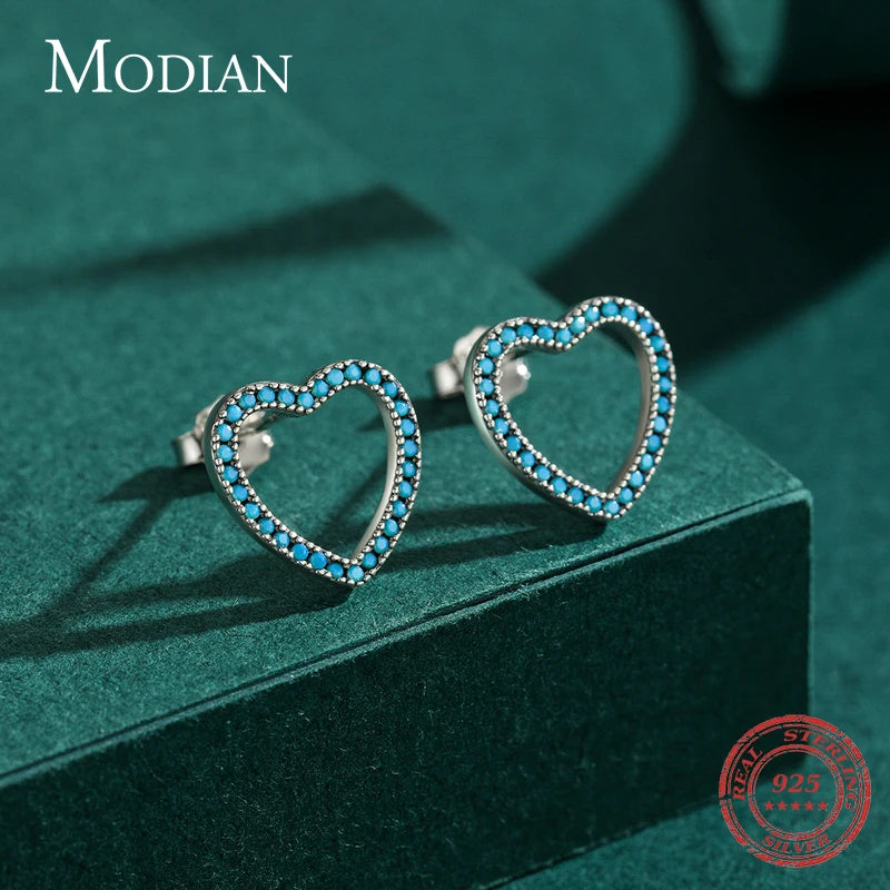 MODIAN Pure 925 Sterling Silver Romantic Simple Hearts Charm Turquoise Stud Earrings For Women Wedding Statement Jewelry Aretes