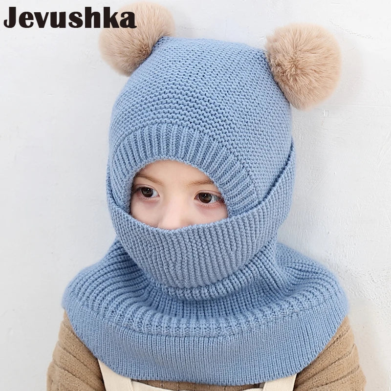 Winter Baby Balaclava Hat PomPom Knit Kids Beanie Hat for Baby Girl and Baby Boy Hat Scarf Double Layer