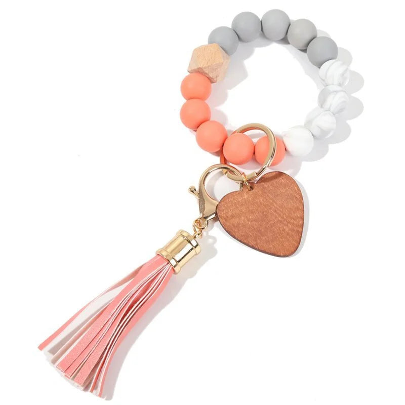 Silicone Keychain For Keys Tassel Wood Beads Bracelet Keyring For Women Accessories Multicolor Keychain Wholesale Hot Sale 2022