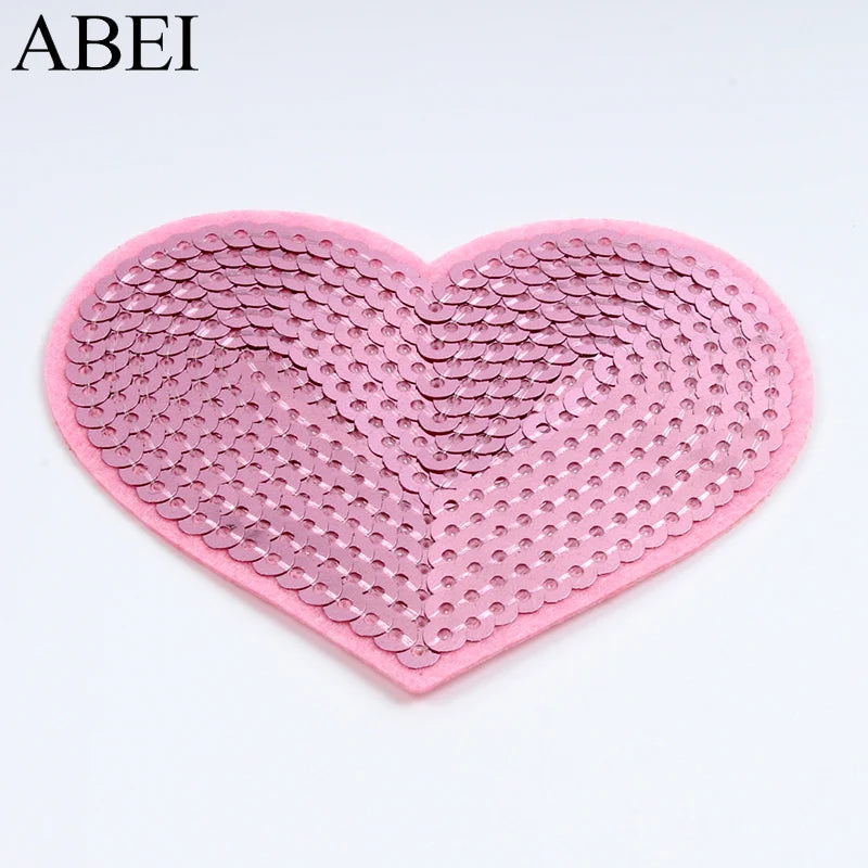 10pcs Embroiderd Big Pink Heart Patches Iron On Sequined Patch Glittle Stickers DIY Fabric Appliques