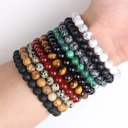 Hemasa Stone Lava Rock Tiger Eye Black Onyx Matte Healing Beads Stretch Bracelet