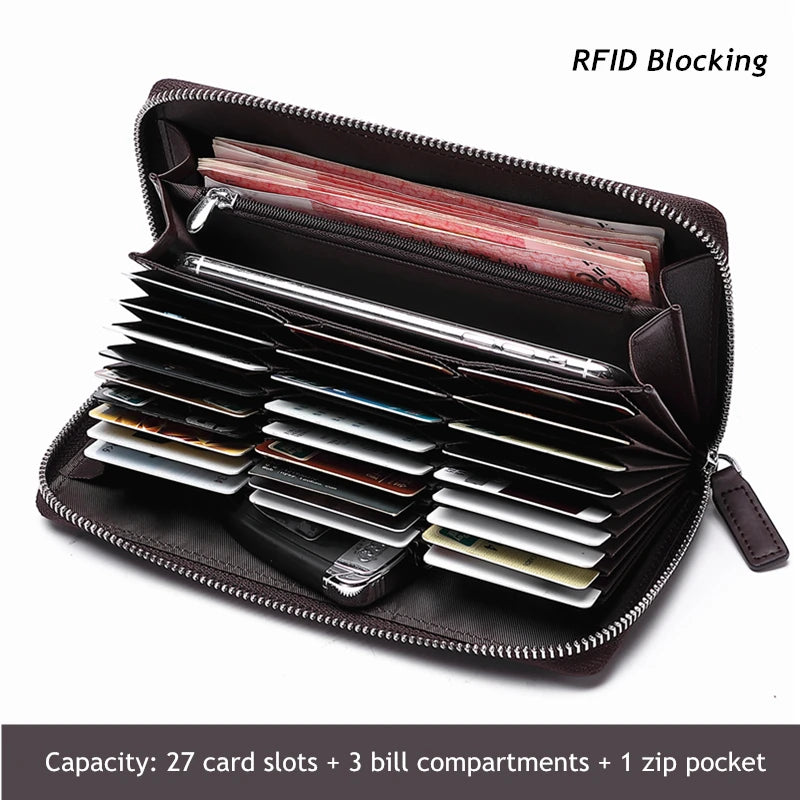 BISON DENIM Genuine Leather Men's Wallet RFID Blocking Long Purse Coin Case Passport Cover For Mens Credit Card Holder W8226