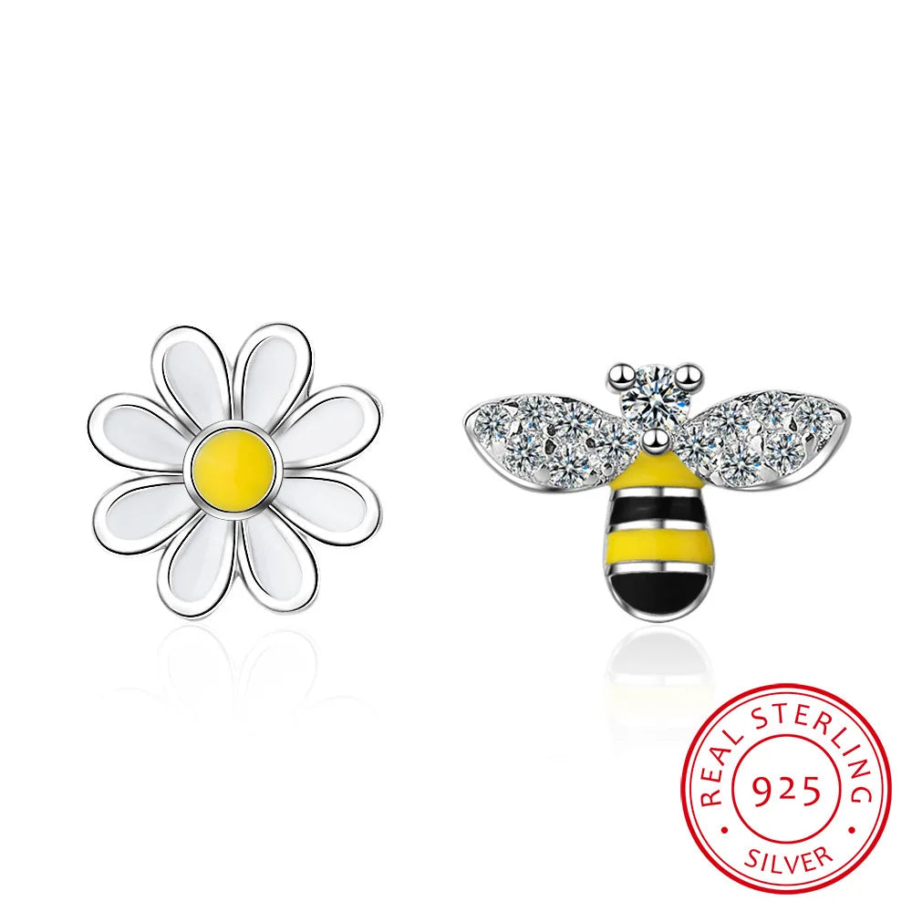 Lovely Asymmetric Bee Sun Flower Zircon Earrings For Women Girl 925 Sterling Silver Earrings boucle d'oreille S-E644
