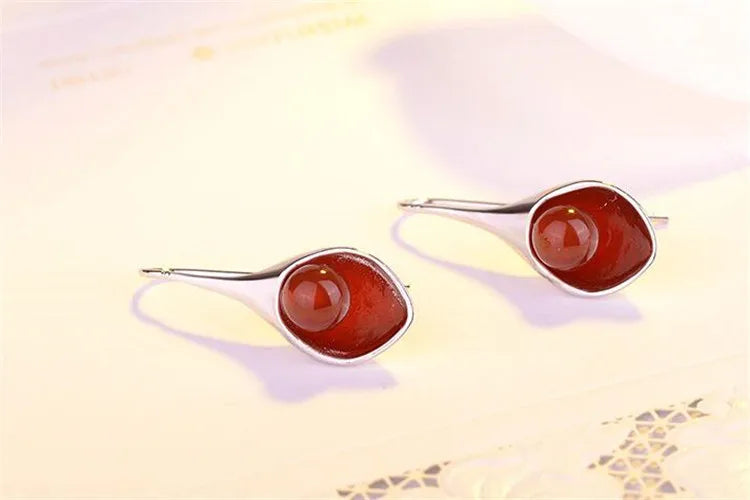 Ear Hook 925 Sterling Silver Green And Red Onyx Flowers Shape Long Earrings For Women Vintage Sterling-silver-jewelry E189