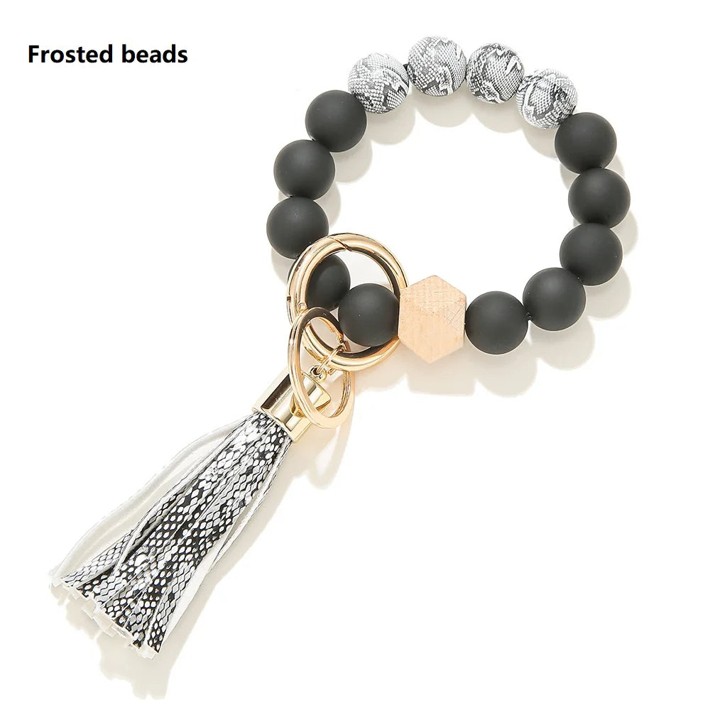 Silicone Keychain For Keys Tassel Wood Beads Bracelet Keyring For Women Multicolor Beads Keychain Fashion Keychain Wholesale