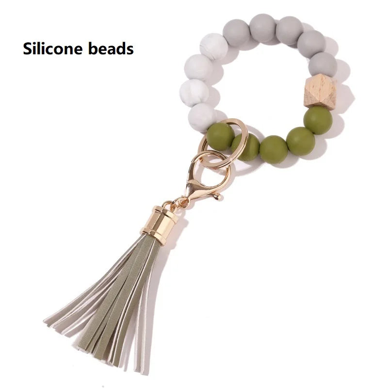 Silicone Keychain For Keys Tassel Wood Beads Bracelet Keyring For Women Multicolor Beads Keychain Fashion Keychain Wholesale