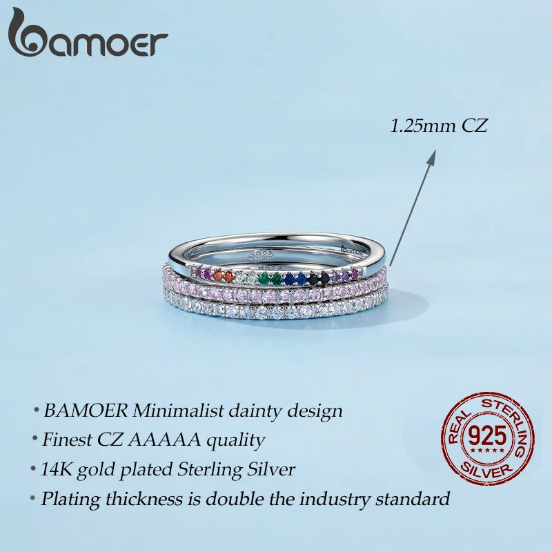 BAMOER 925 Sterling Silver Rainbow CZ Simple Fashion Finger Ring Stackable Band Rings For Women Classic Jewelry