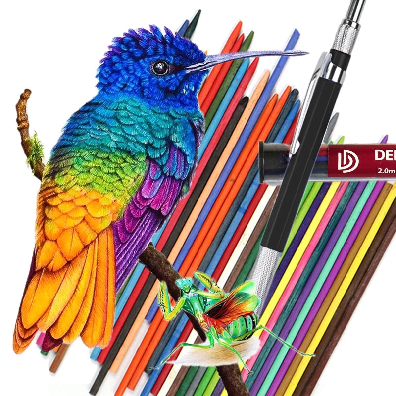 DEDEDEPRAISE Sketch 2.0MM Press Mechanical Pencil & 36colors Leads Drawing Colored Pencils Automatic Pencils Replacement Leads