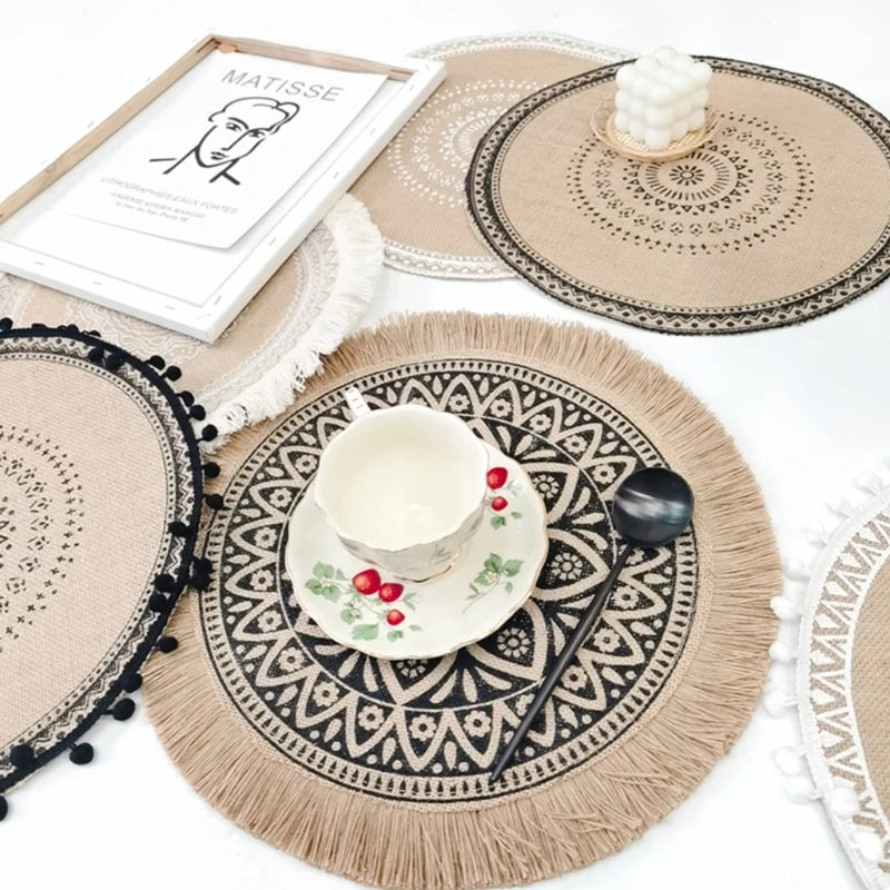 Hemasa Set of 4 Boho Round Jute Woven Place Mats Dining Room Kitchen Table Decor.