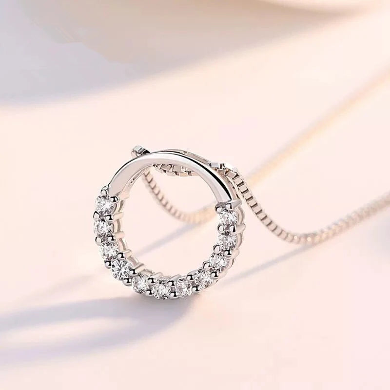 New Fashion 925 Sterling Silver Jewelry Fine Round Zircon Pendant Necklaces Women Gift Semi Circle Rhinestone CZ Clavicle Chain