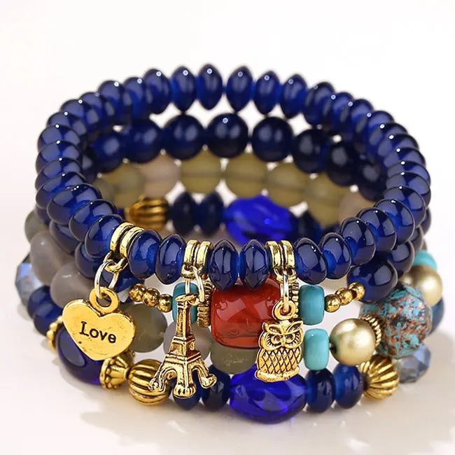 Candy Color Multilayer Bohemia Bracelets Resin Beads Stone Bracelets Sets Bijoux Owl Charm Bracelet Femme Jewelry