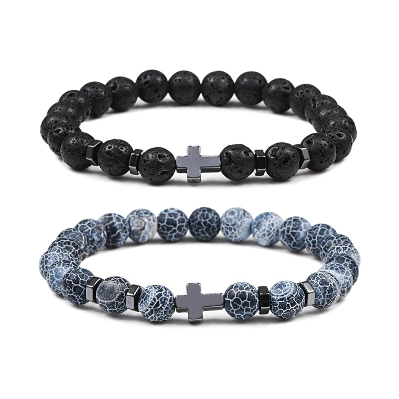 Hemasa 8mm Beads Cross Hematite Bracelet & Bangles Natural Black Lava Stone Charms Bracelets for Women /Men
