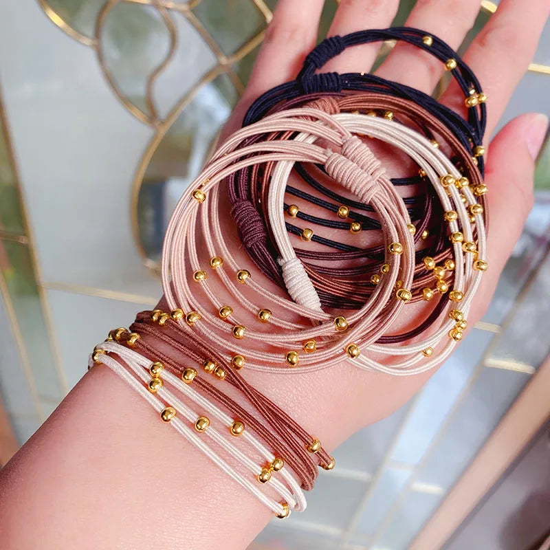 Tejesa 10PCS Korean Women Elastic Hair Rubber Bands  for Girs /Golden Plated Beads Hair Scruchies Hair Tie/Holder