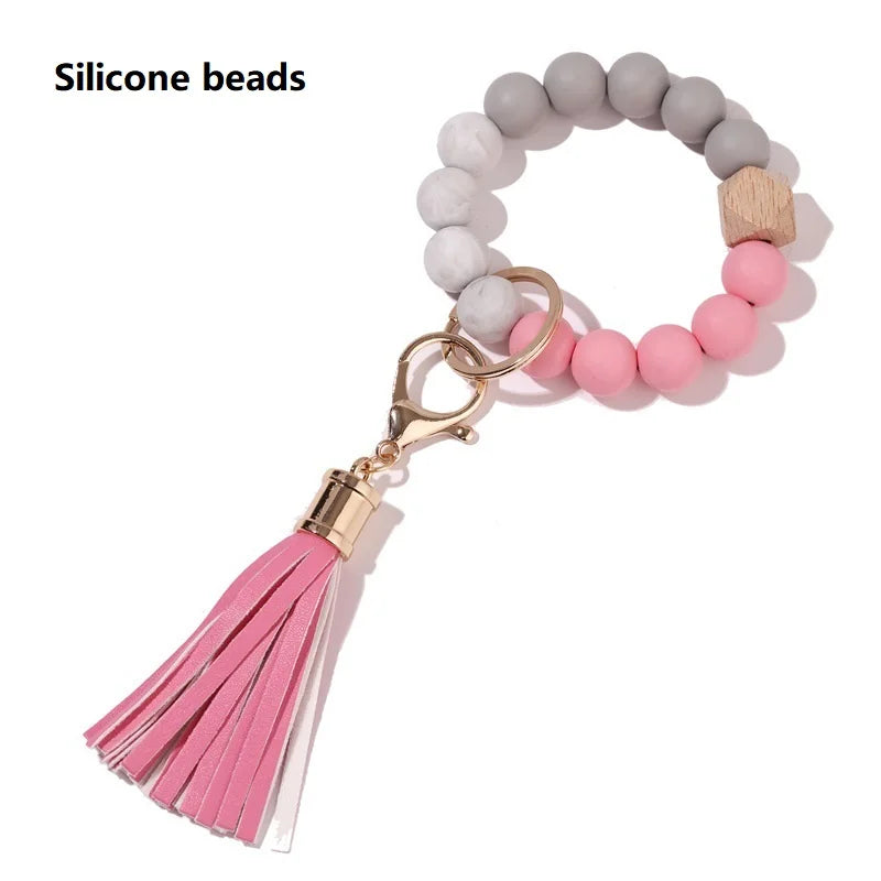 Silicone Keychain For Keys Tassel Wood Beads Bracelet Keyring For Women Multicolor Beads Keychain Fashion Keychain Wholesale