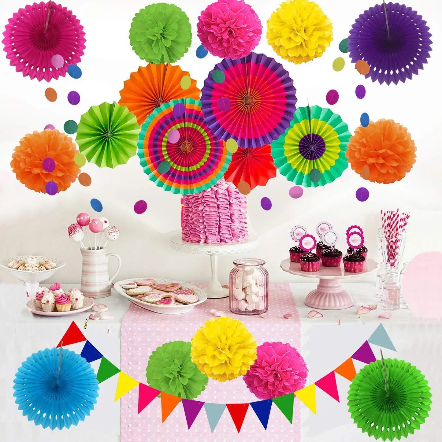 Hemasa 21 pcs Paper Fans Bunting Flags Pom Poms Flowers Garland For Ramadan Decoration Wedding Baby Shower Birthday Party Room Decor
