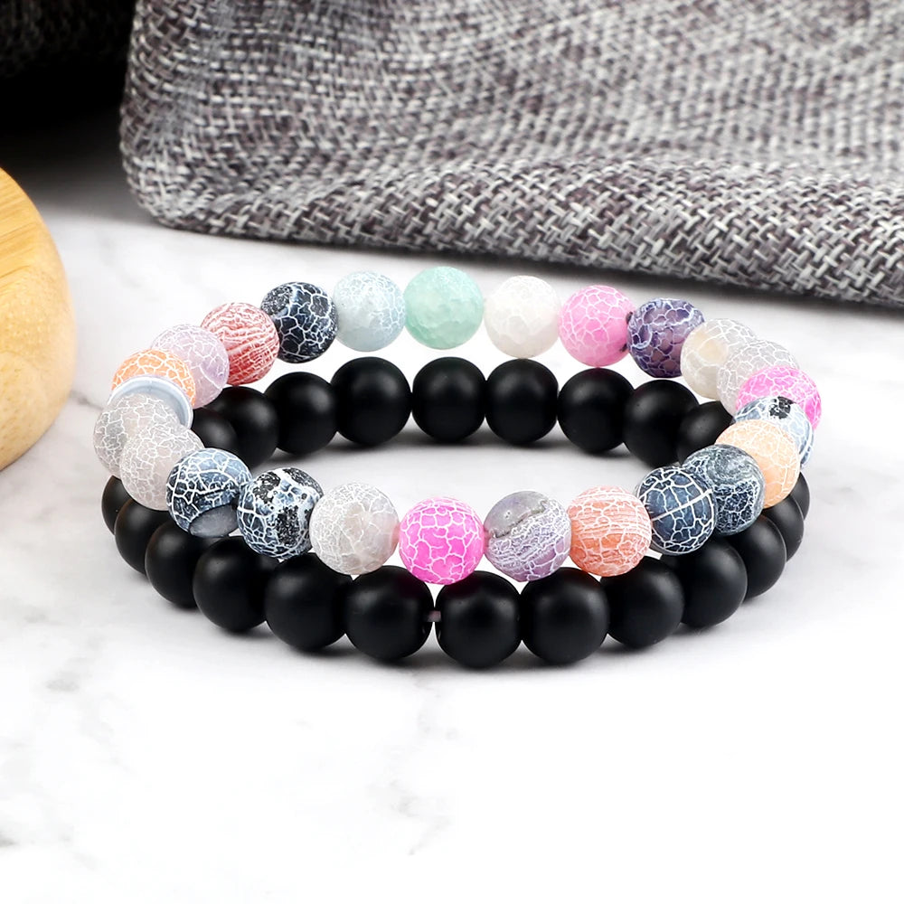 Heamsa 2pcs Men Beads Bracelet Natural Crack Weathered Stone Black Onyx Bangles Stretch Couple Distance Bracelets Yoga Wrist Jewelry