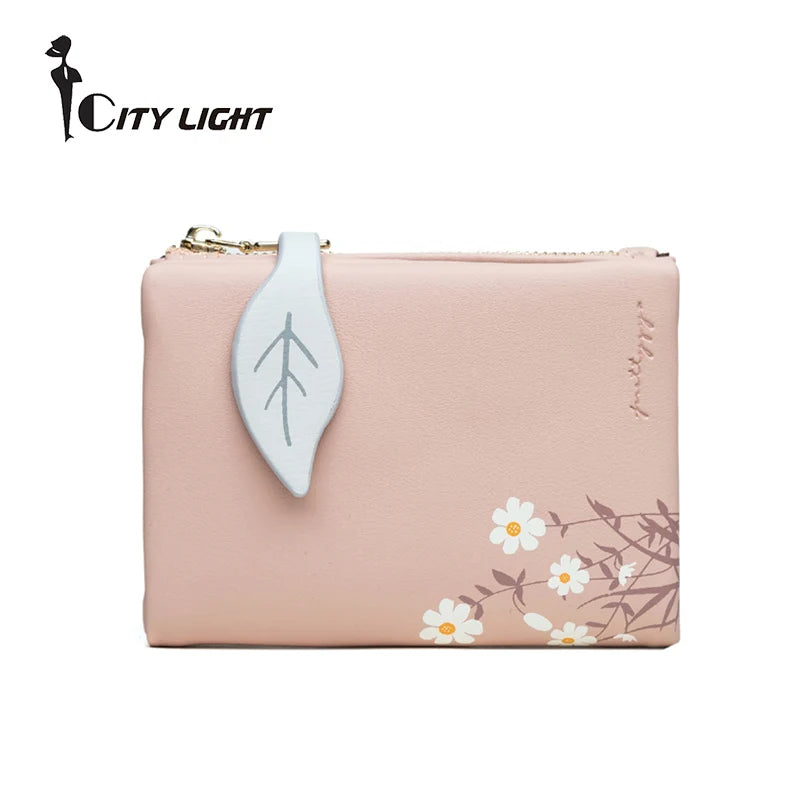 Leaves Small Wallet Women Hasp Zipper Purse Soft Pu Leather Ladies Wallet Card Holder Mini Girl Purse Clutch