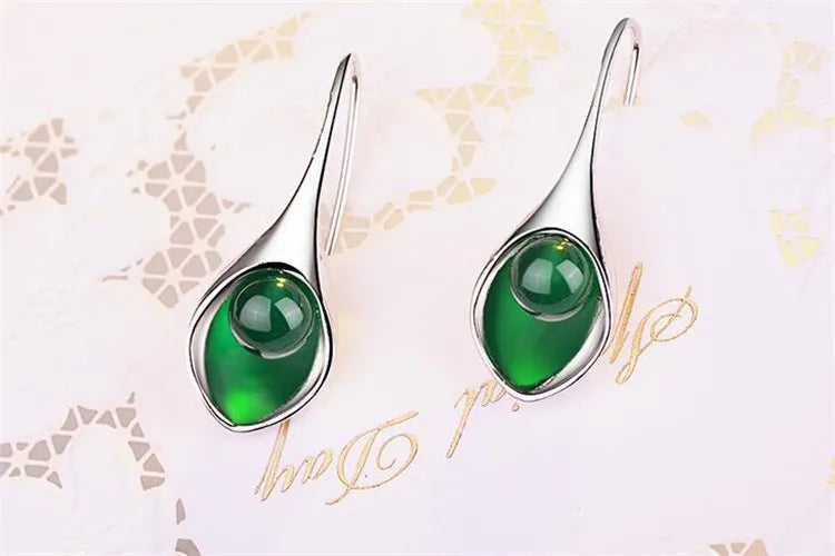 Ear Hook 925 Sterling Silver Green And Red Onyx Flowers Shape Long Earrings For Women Vintage Sterling-silver-jewelry E189