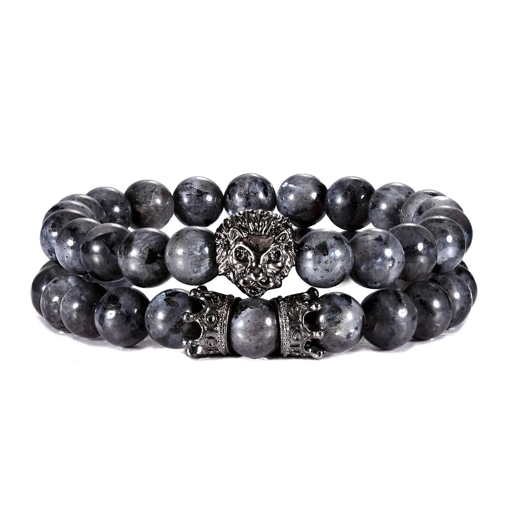 Hemasa 2 Pcs / Set Vintage Lion Head and Crown Charm Bracelet /8mm Natural Lava Stone Beads Bracelet