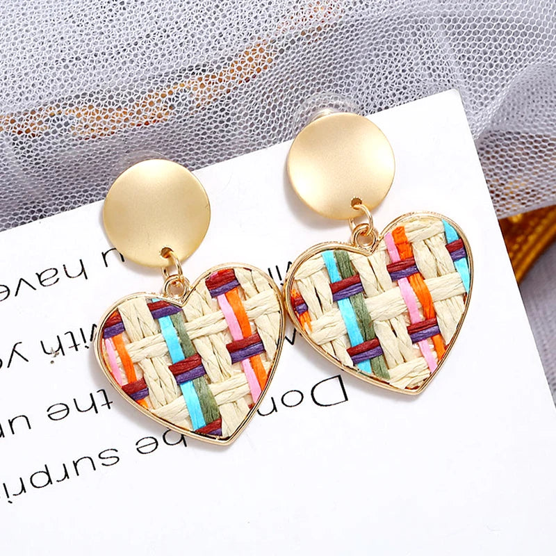 3Colors New Handmade Straw Woven Rattan Earrings 2020 For Women Grils Heart Pendant Earring Brincos Geometric Party Jewelry Gift