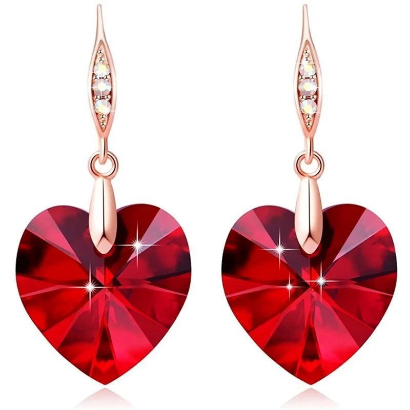 Rose Gold Heart Crystals Drop Earrings for Women Girls Birthday Fashion Jewelry Gifts