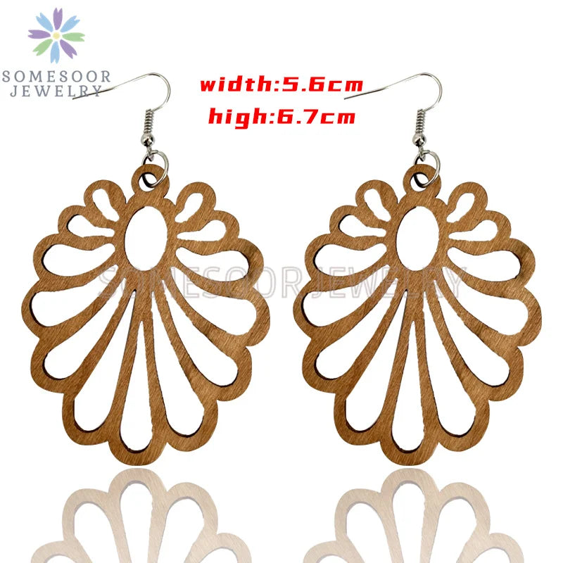 SOMESOOR Tree Leaves Life Engraved Unfinished Wooden Drop Earrings African Ethnic Bohemian Big Dangle Jewelry For Women Gifts