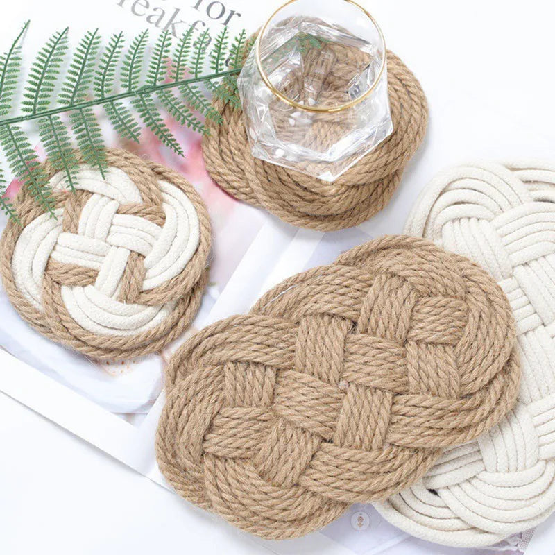 Hemasa Set of 2 Rope Woven Cotton Thread Jute Cup Mats, Coaster Placemats - Available in 3 designs.