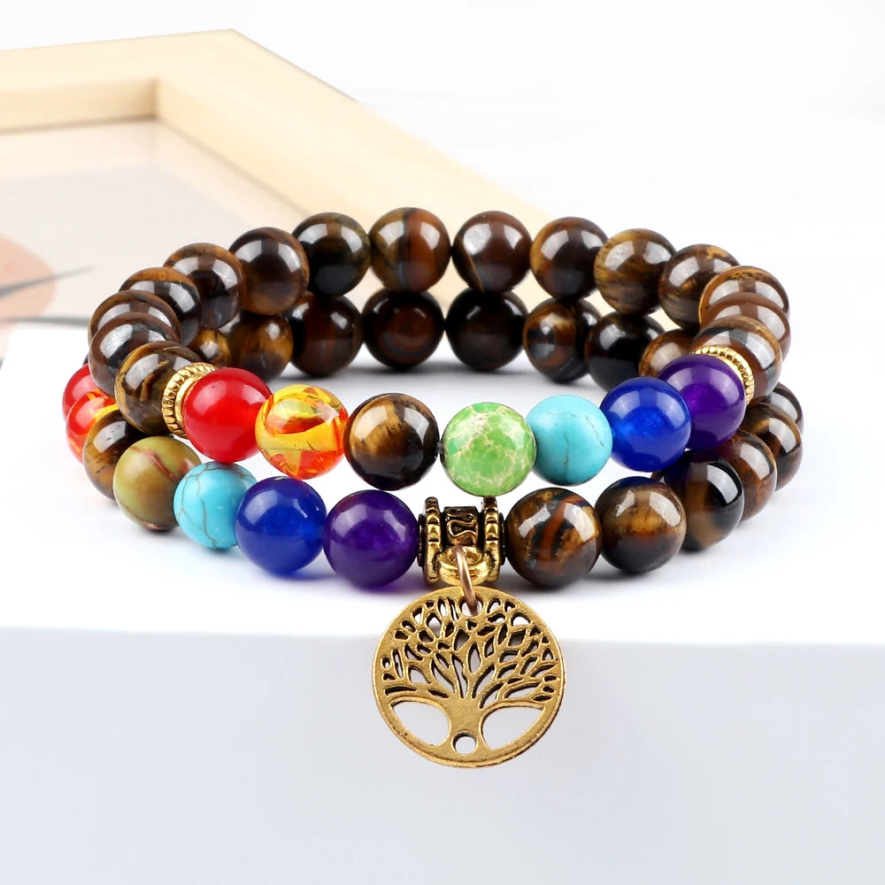 Hemasa 2pcs/set  7 Chakra Beads Stretchable  Bracelets  with Tree of Life Natural Tiger Eye Stone Black Lava Onyx Balance Bracelet Yoga Bangles Jewelry